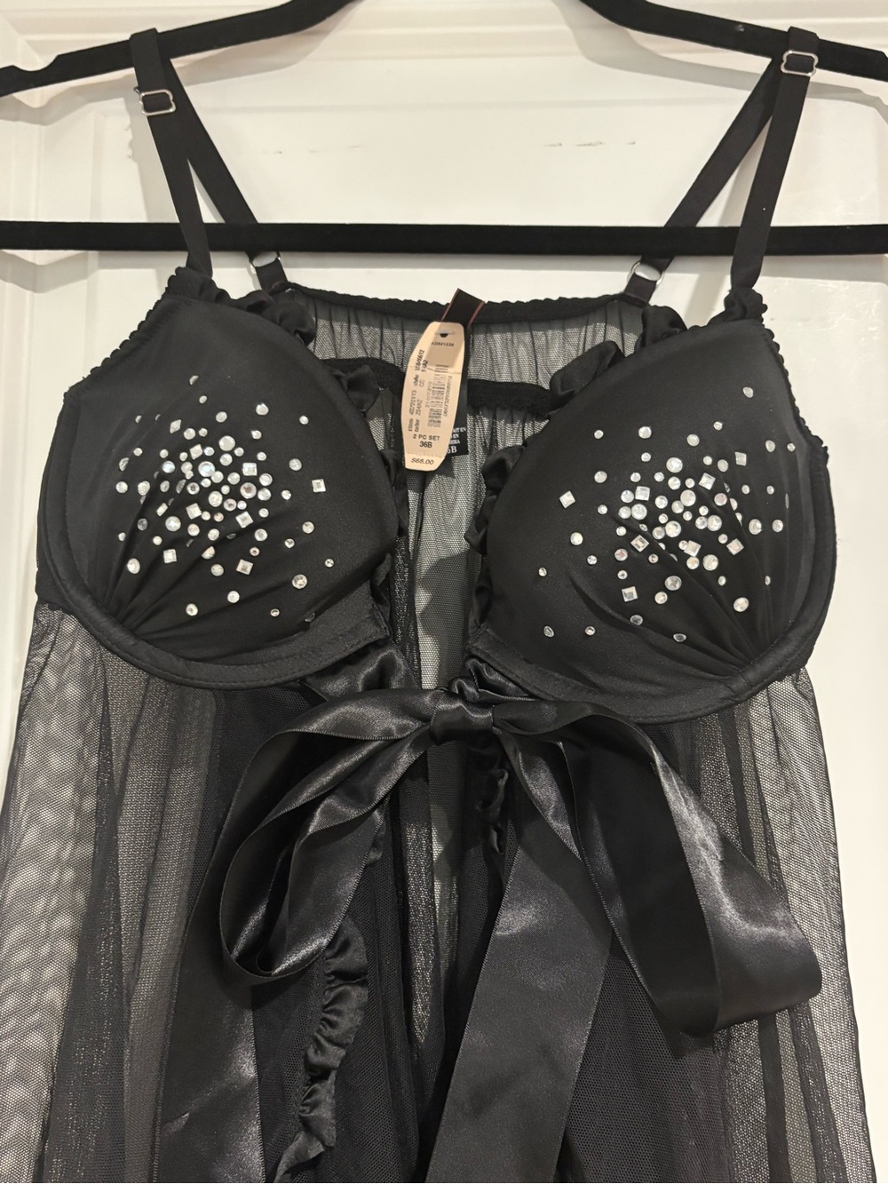 Victoria's Secret Black Sheer Babydoll with Rhinestone Cups